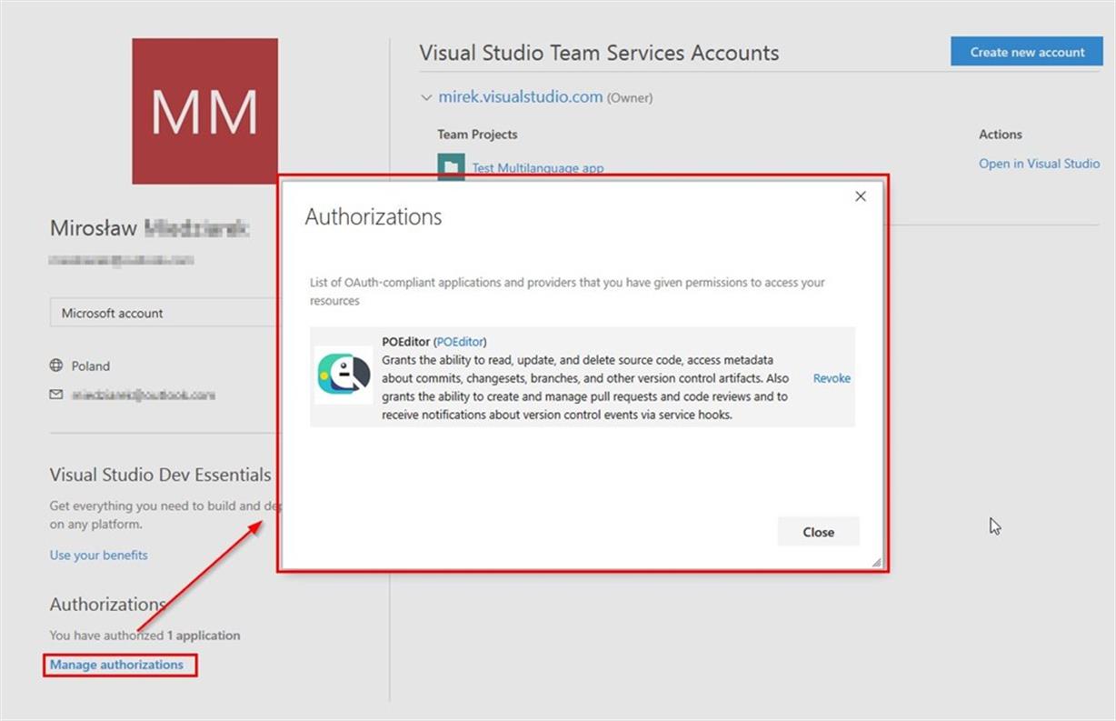 POEditor registration in VSTS profile POEditor registration in VSTS profile